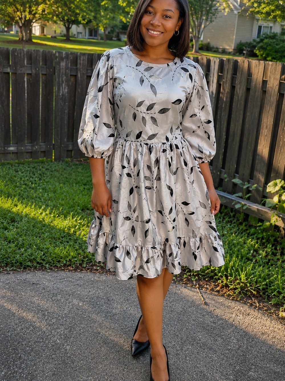 Silver Leaf Print Puff-Sleeve Dress
